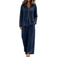 thumbnail image 2 of sdhkgrrt Women Plus Size 2 Piece Lounge Set Collared Long Sleeve Shirt Wide Leg Pants Solid Loose Boho Tracksuit Fall Winter Outfits, Navy 3XL, 2 of 8