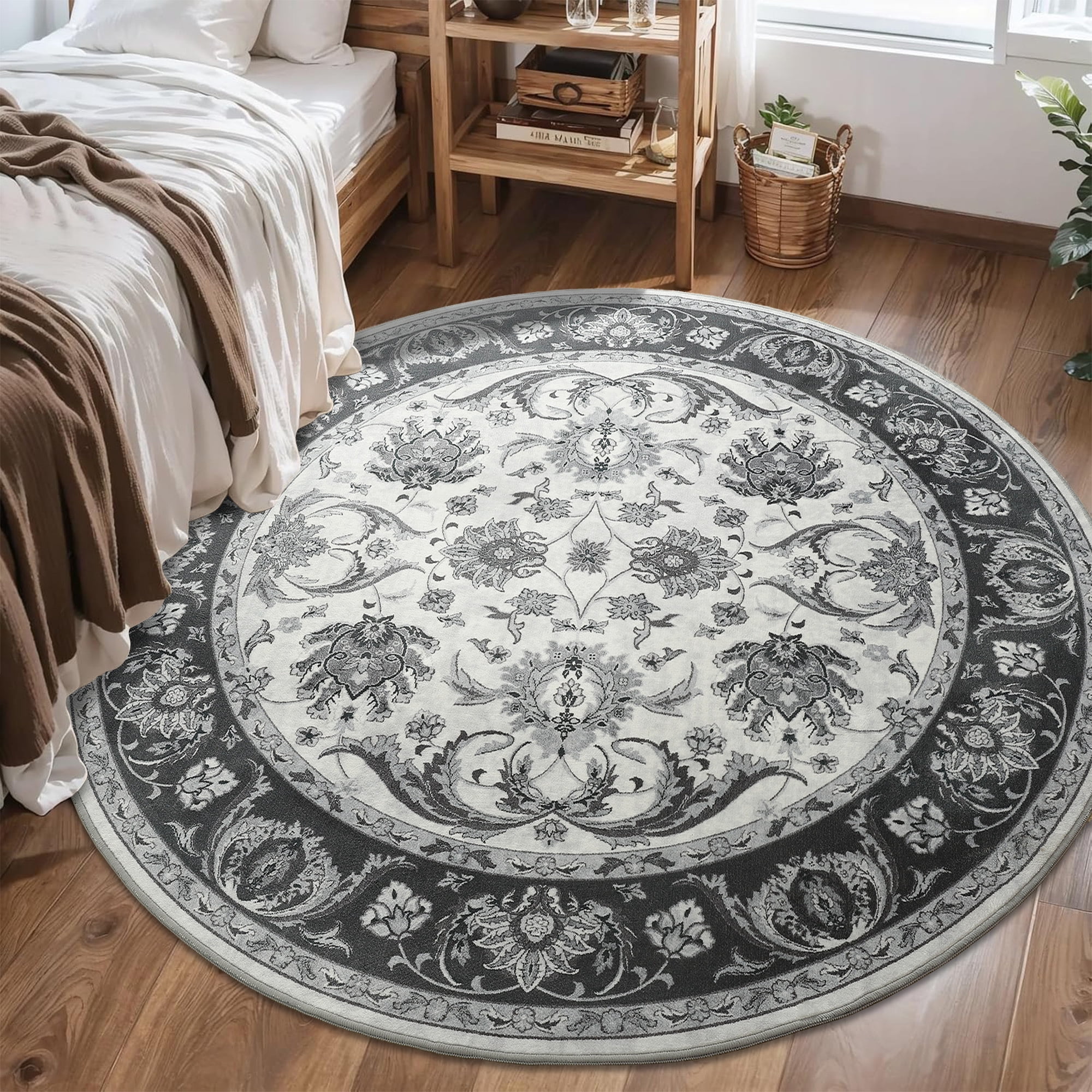 Noahas 4 ft Round Rugs for Living Room Bedroom Rug Circle Area Rug for Dining Room Table Throw Neutral Vintage Circular Rugs Washable Soft Comfortable Black
