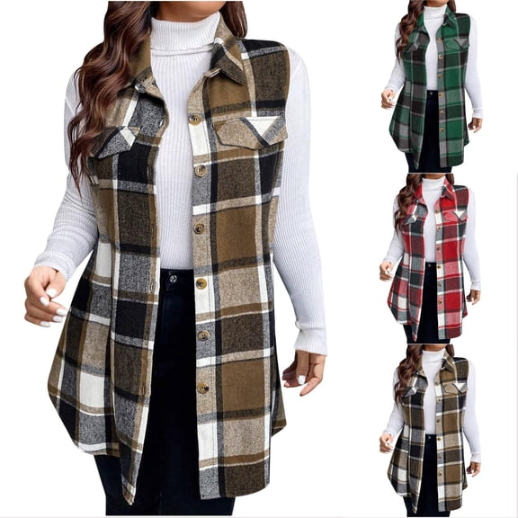 Plus Size Women's Loose Fit Sleeveless Turndown Collar Plaid Shirt Coat Jacket Top Casual Button Front Outfits Work Office | CSEONE,Black 3XL