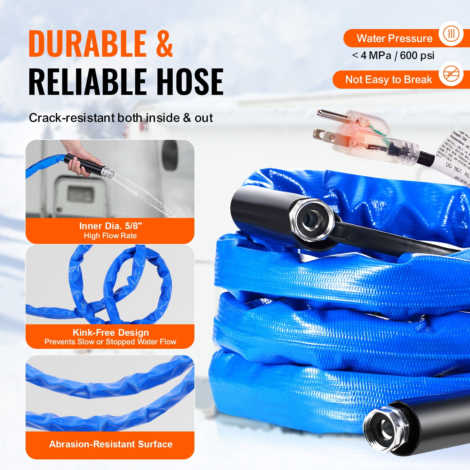 KFFKFF 15ft RV Heated Water Hose, Corrugated Cover, Anti-Freeze up to -45°F, Self-Regulating, 5/8" I.D., 3/4" GHT Adapter, Lead & BPA Free