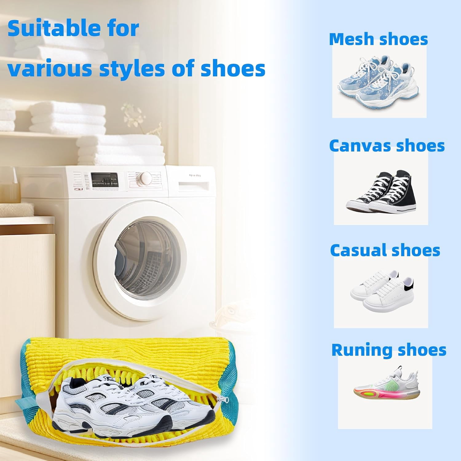 Shoe Washing Machine Bag Laundry Shoe Bag for Washer and Dryer Reusable 2pc Shoe Cleaning Bags for Sneakers 360° Deep Cleaning Machine for All Shoes Types With Self-locking Zipper Yellow 2Pcs