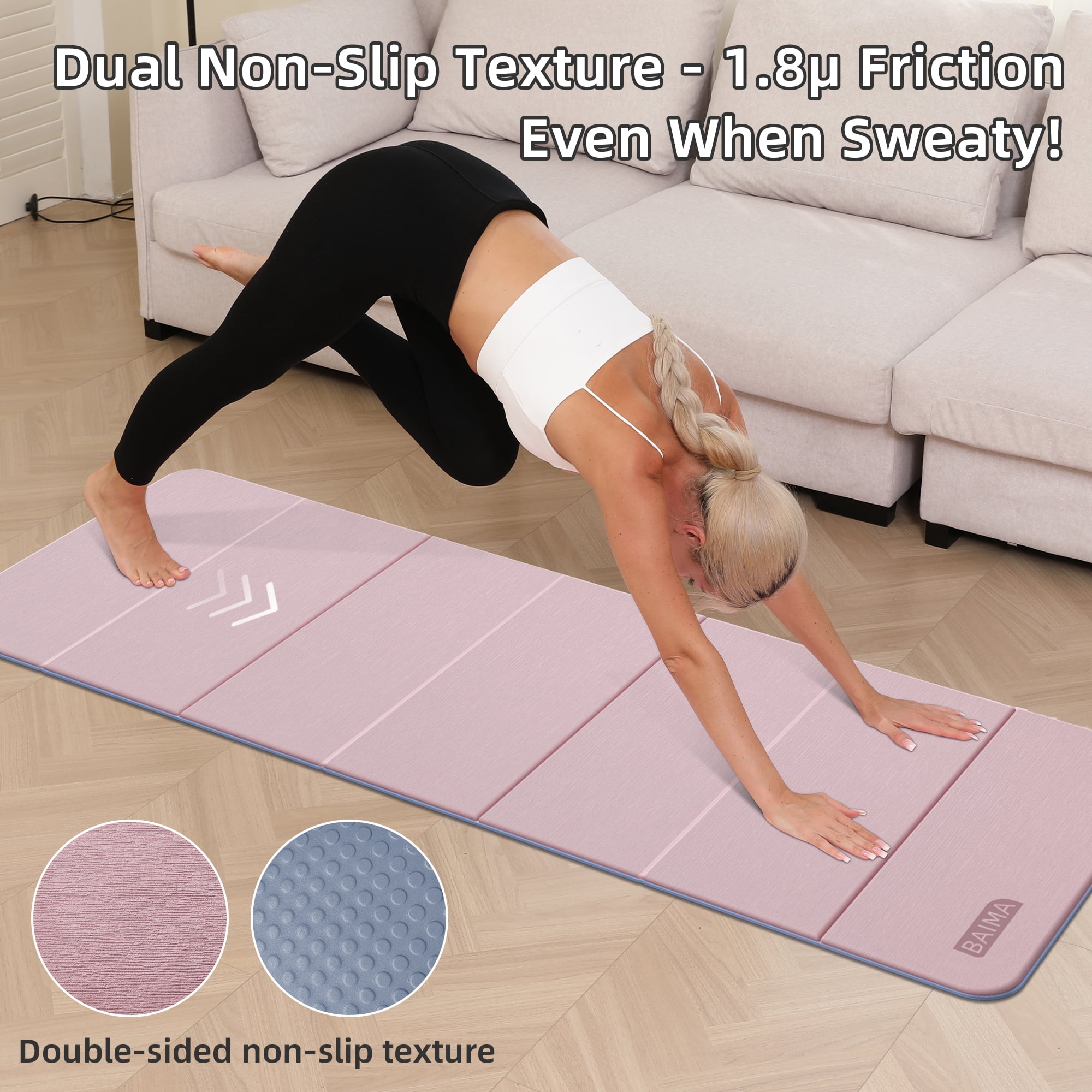 BAIMA Travel Yoga Mat 8 mm Thick, Multicolor Workout Mats for Home Gym,Portable for Camping or Travel Exercise Mat(Pink & Sliver)