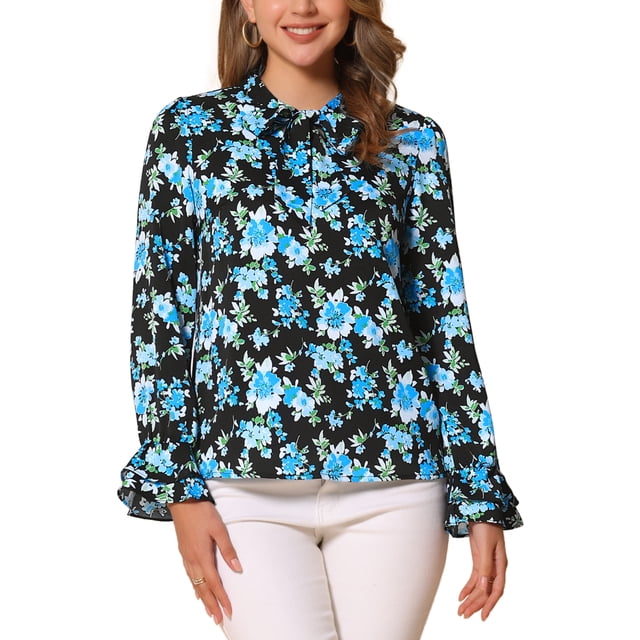 INSPIRAR CHIC Blusa Vintage de Manga Larga con Volantes y Cuello en V Floral para Mujeres XL Negro Azul Claro