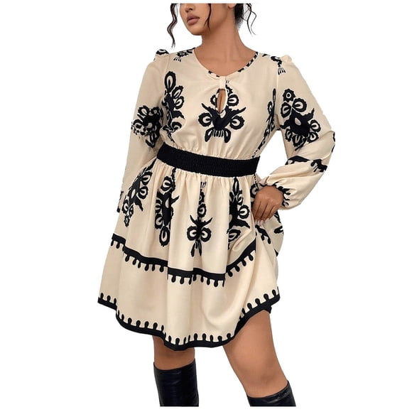 Boho Maxi Dress, Women's Long Sleeve Casual Dress with Puff Sleeves and Floral Pocket, Solid Color Round Neck Midi Dress