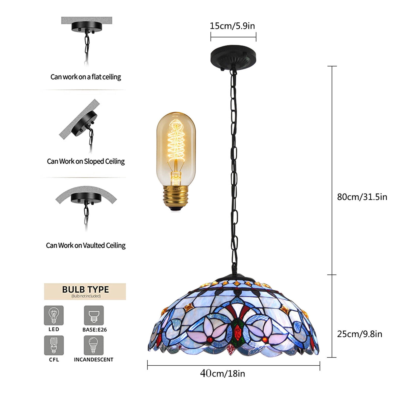 Classic Stained Glass Shade Pendant Light Ceiling Lamp Fixture