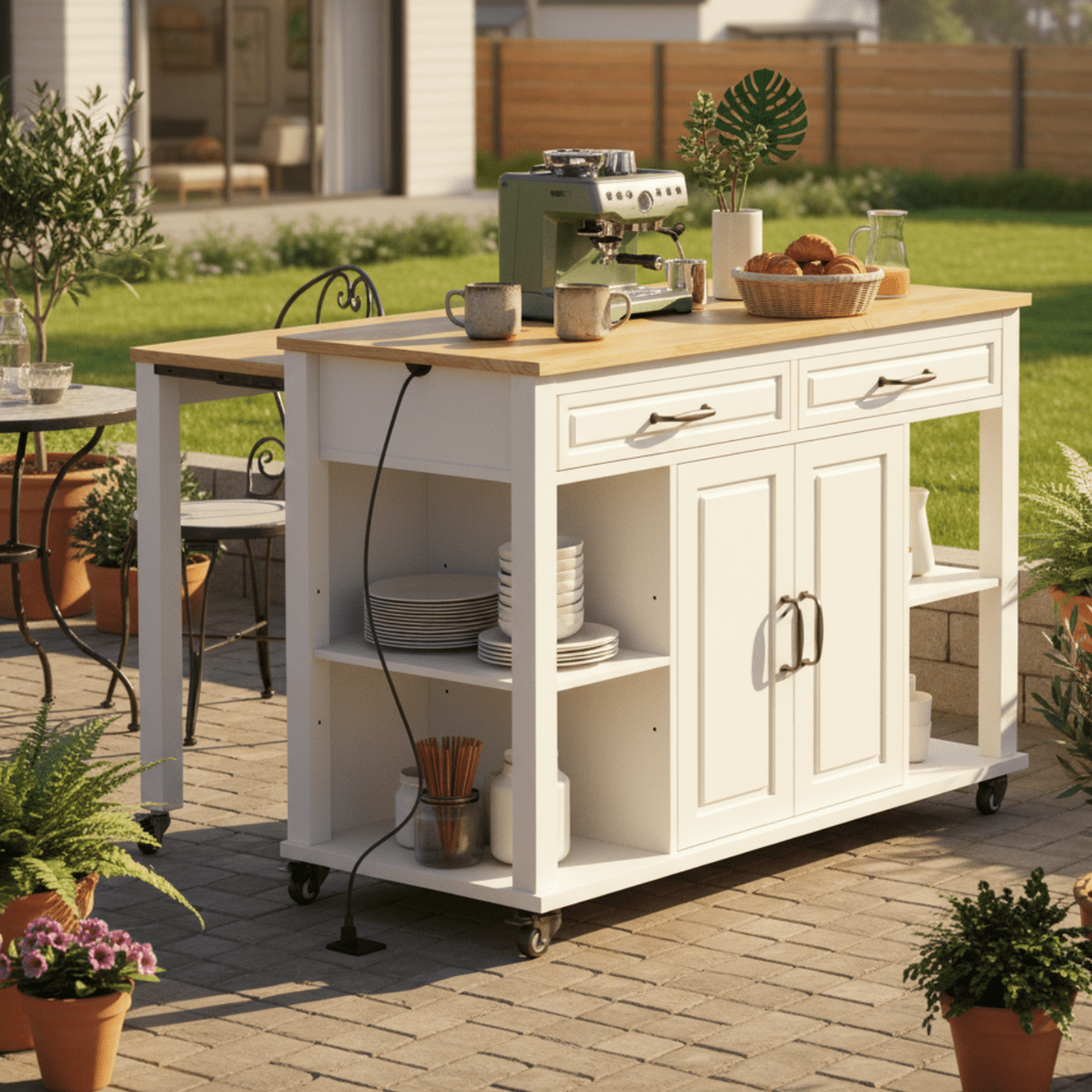 Homy Casa Kitchen Serving Cart with Extendable Table, Drawers, Power Outlet, for Dining Room, White