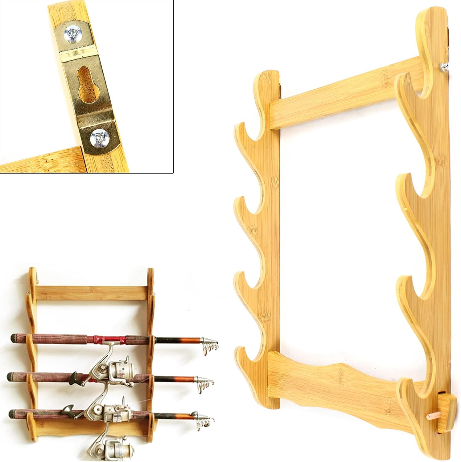4 Wall Mount Wooden Rack Natural Wood Finish  Storage Shelf Holder