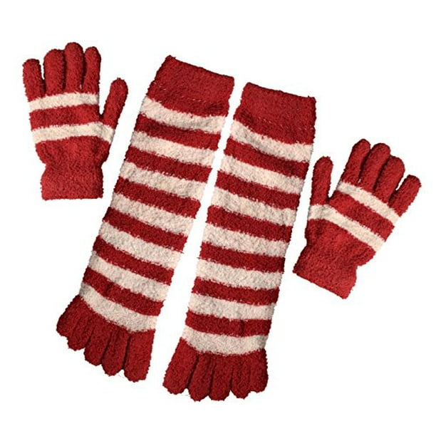 Peach Couture Winter Warm Striped Fuzzy Toe Socks and Gloves Pack