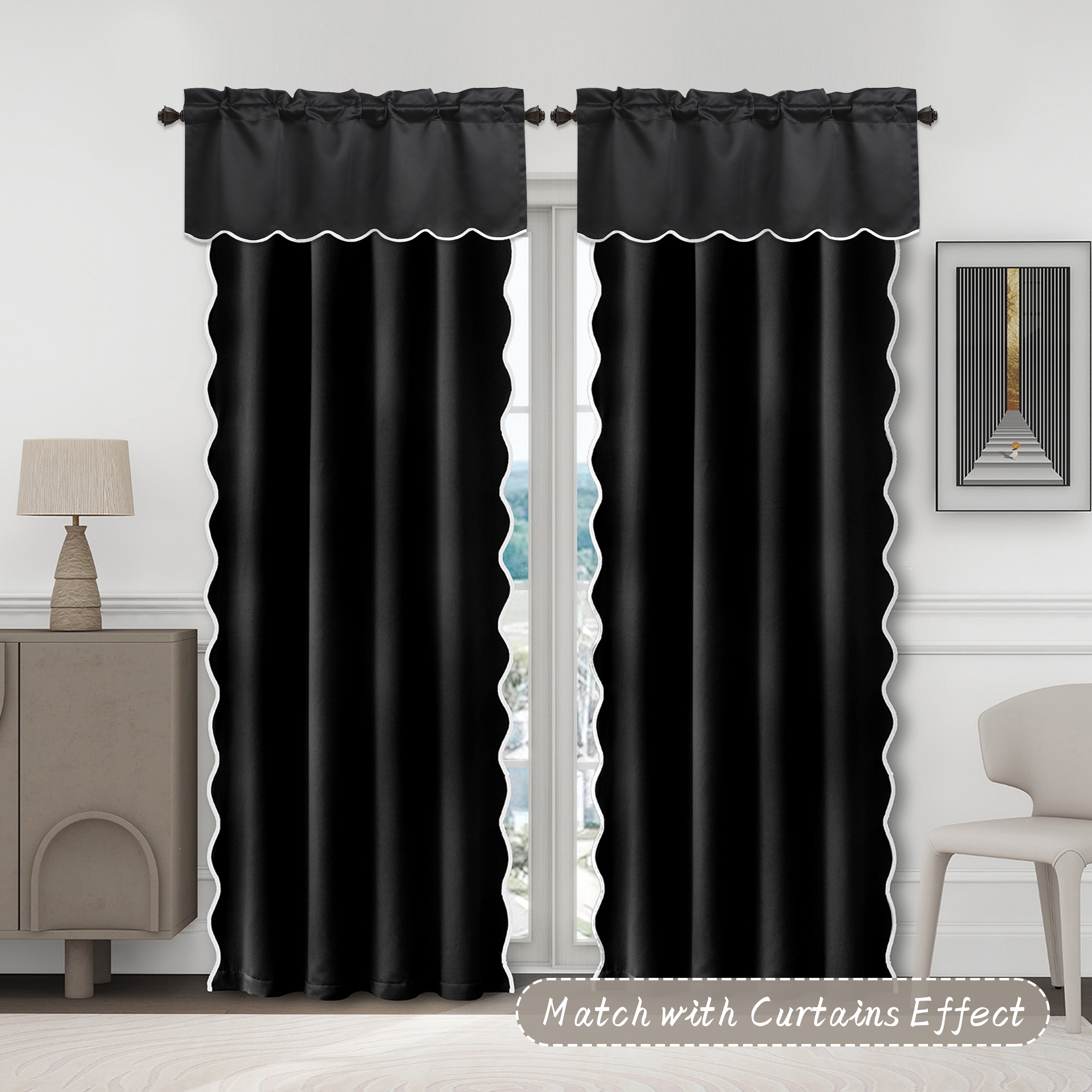 HIG 2 Panels Blackout Window Treatment Valances, 52"W x 18"L Color-Block Scalloped Valances, Decorative Rod Pocket Short Curtain Panel for Kitchen, Window, Bathroom, Black