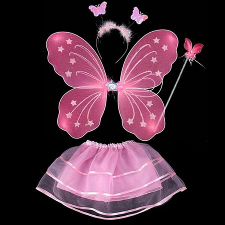Girls Kid Fairy Butterfly Wing+Wand+Headband+Skirt Set Party Play Costume