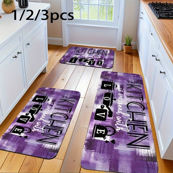 Purple Kitchenware Print Non-Slip Carpet Set, Flannel Soft Easy Clean Bathroom Bedroom Living Room Mat
