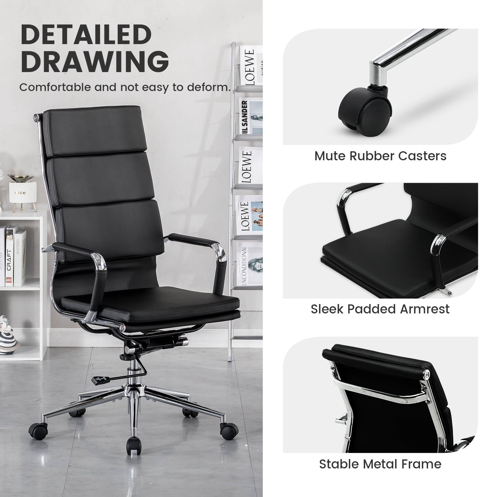 COMHOMA Office Chair, PU Leather High Back Cushioned Office Chair, Mid Century Modern Conference Chair , Black