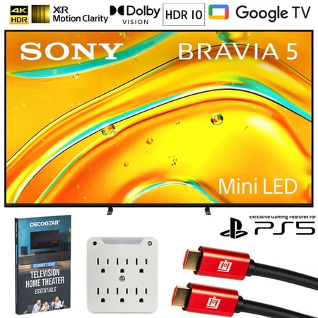Sony BRAVIA 5 65 inch Mini LED 4K HDR Google TV (2025) K65XR50 Bundle with 2x Deco Gear 6FT HDMI Cable, SurgePro 6-Outlet Surge Adapter and Deco Gear Home Theater Beginner's Guide