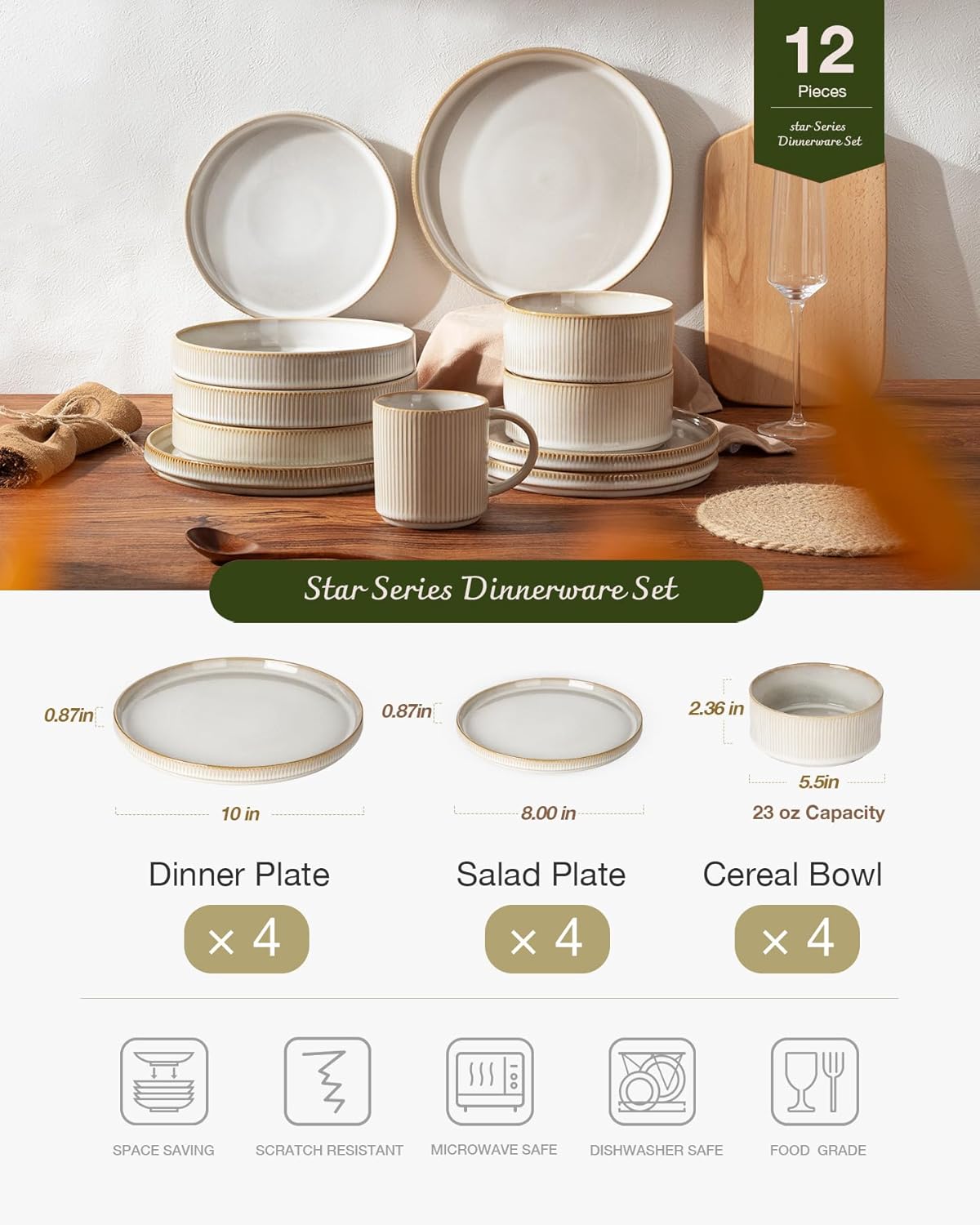 Famiware Stoneware 12-Piece Dinnerware Set, Cappuccino White photo 8