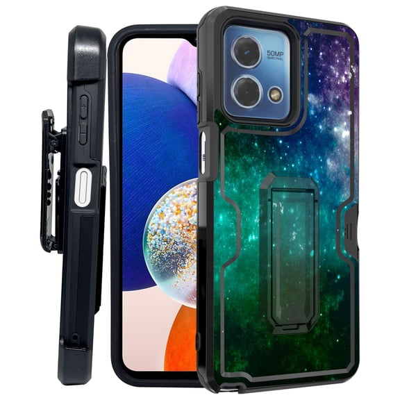 ANJ  Rugged Shockproof Kickstand Hybrid Case with Card Slot and Holster   Tempered Glass Cover for Motorola Moto G Stylus 5G (2023) - Green Galaxy