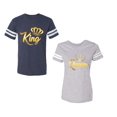 thumbnail image 1 of King Queen Gold Unisex Couple Matching Cotton Jersey style T-Shirt Contrasting stripes on sleeves (Men Navy / Women Heather) (Men L / Women XL), 1 of 3