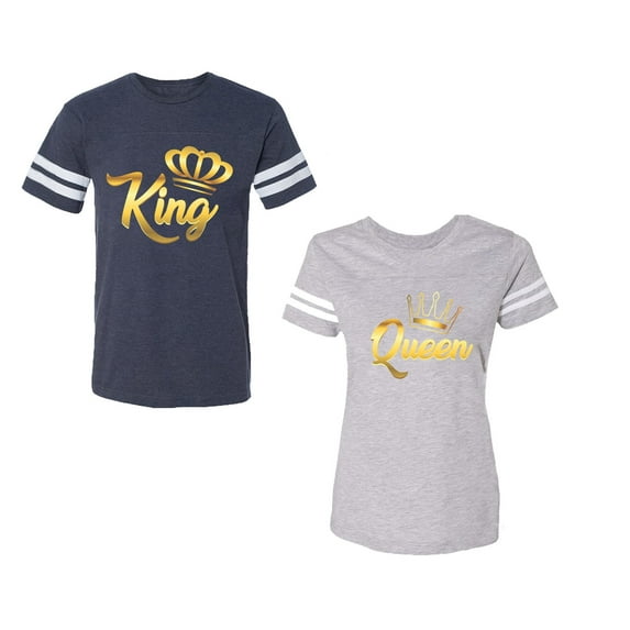 King Queen Gold Unisex Couple Matching Cotton Jersey style T-Shirt Contrasting stripes on sleeves (Men Navy / Women Heather) (Men L / Women XL)