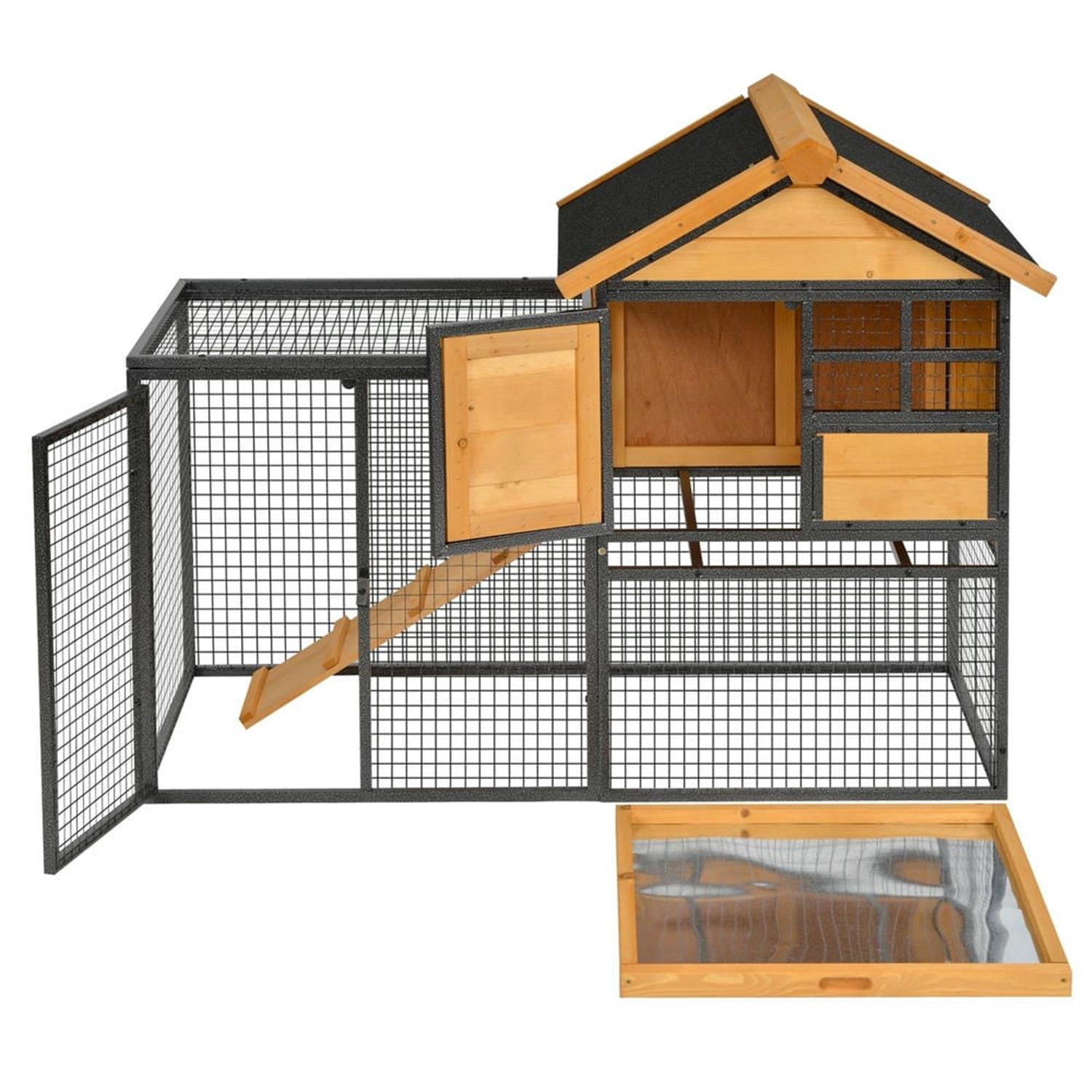 Demi Bonn 48" Wooden Rabbit Hutch with Slide-out Tray, Outdoor Small Animal Habitat Chicken Coop Bunny Cage for Bunnies, Guinea Pigs, Yellow