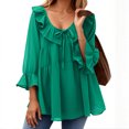 thumbnail image 3 of TKLPEHG Women's Blouses Crew Neck Tie Ruffled Pleated Work Shirt Loose Solid Color Fall Tops Comfy Long Sleeve T Shirt Fashion Casual Lightweight Pullover (Green,S), 3 of 5