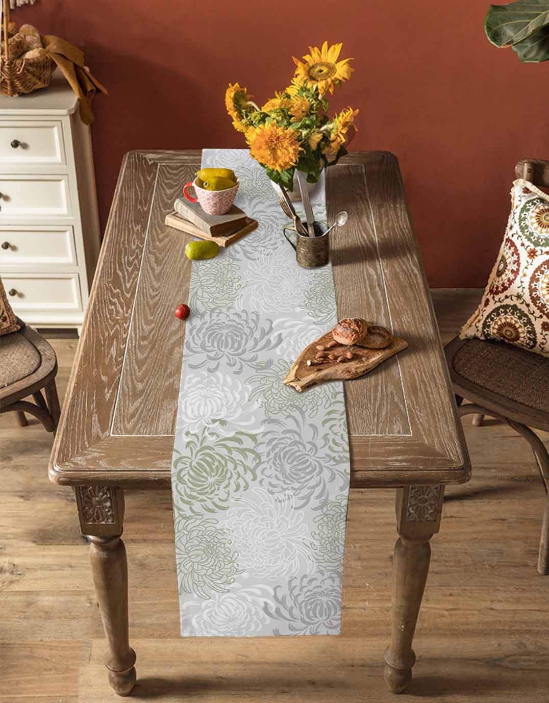 Table Runners 90 Inches Long Dress Scarves, Sage Green White Farmhouse Coffee/Dining/Kitchen Table Runner for Living Room, Abstract Grey Chrysanthemum Flower 13x90 Inch