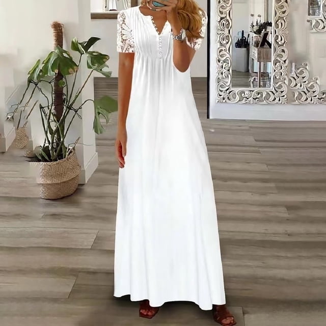 mtvxesu Robes pour Femmes, Robe Décontractée pour Femmes à Col en V, Manches Courtes, Taille à Boutons, Unie, Ample, Robe Midi