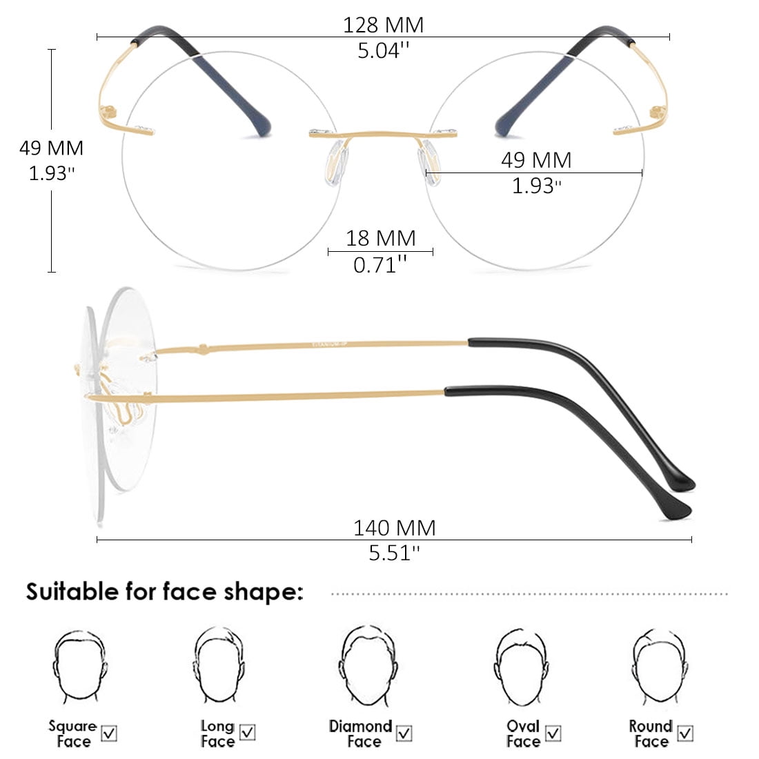 KOOSUFA Titanium Rimless Round Reading Glasses +1.5 Blue Light Blocking Eyeglasses Readers Frameless Eyewear for Men Women Gold