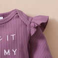 thumbnail image 3 of Kucnuzki Newborn Girls Outfit Sets Fall Ruffle Long Sleeves Letter Print Romper Top Floral Pants with Headband 3pcs Pant Sets Purple 0-3 Months, 3 of 10