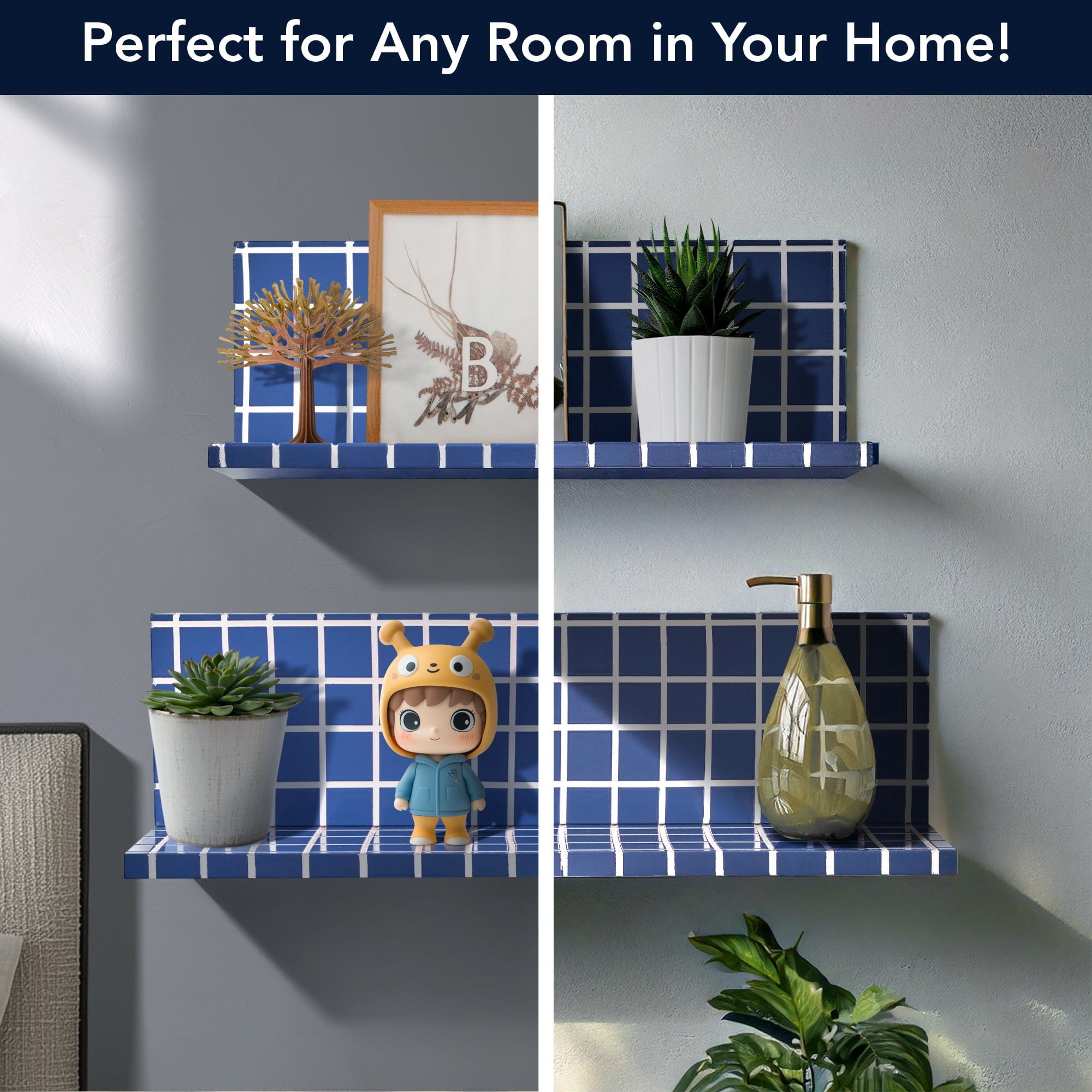 American Art Decor 2pc Stylish Retro Wavey Tile Floating Shelves for Wall & Storage - Blue