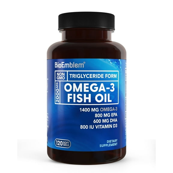 BioEmblem Omega-3 Fish Oil 2000mg - Small Size Softgels, High Absorption Form, Sustainable - 1400mg EPA &DHA Plus Vitamin D3, Non-GMO, Heart, Joint, & Brain Health Fish Oil Supplement, 120 Ct