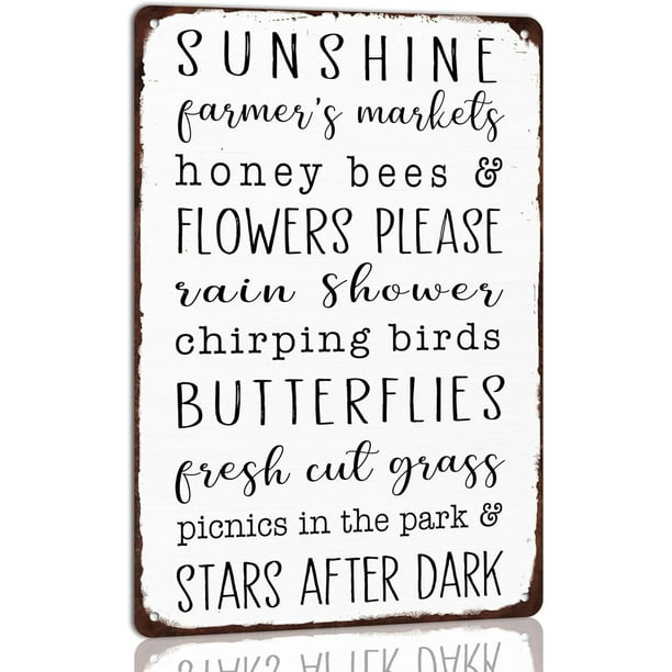 Letrero de metal con texto en inglés "Sunshine Spring Words Sign Sunshine Farmer's Markets Flowers", estilo retro vintage para cafetería, hogar, granja, porche, decoración de pared, 8 x 12 pulgadas