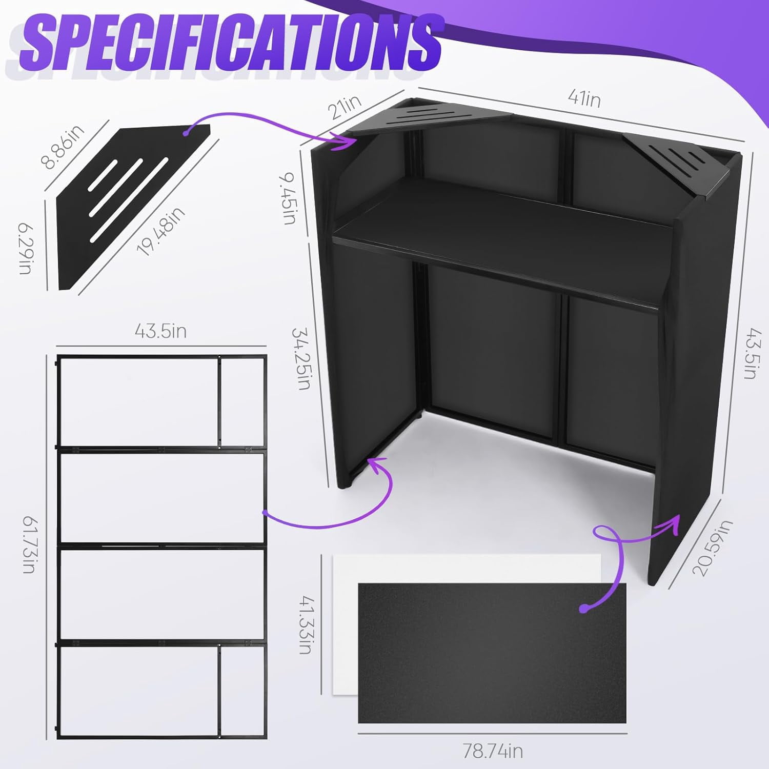 Portable DJ Facade Table Station, 44"x41"x21" DJ Event Booth Facade with Black & White Scrim, Metal Foldable Frame DJ Stand with Carrying Bag
