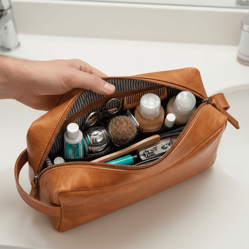 RusticVintage Genuine Leather Toiletry Bag, Cosmetic Case, Classy Dopp Kit For Man Shaving Kit Organizer Travel Kit Pouch Bridesmaid Gifts Hanging Toiletry Case, Makeup Bag - Large Size (Tan)