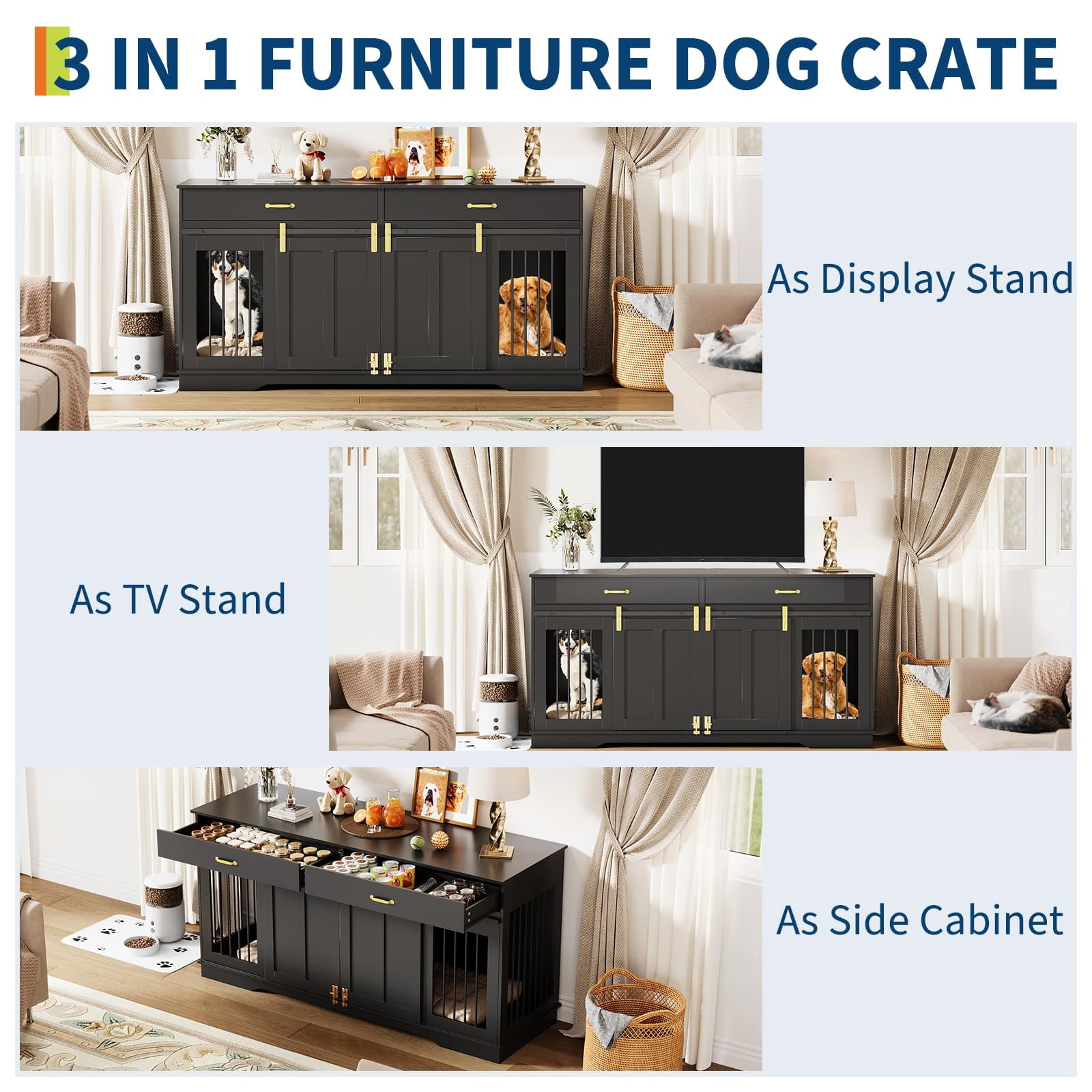 71" Dog Crate TV Stand for 2 Large Dogs, Extra Large Double Dog Kennel Furniture with 2 Drawers and 2 Lockable Sliding Doors, Wooden Furniture Dogs Crate for Indoor Home Living Room（ship in 2 boxes）