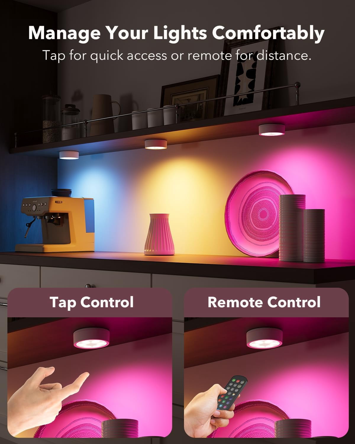 2400mAh Rechargeable Puck Lights with Remote 4 Pack, Radar Motion Sensor Under Cabinet Lighting, 13 RGB & 3 Color Dimmable Stick On Closet Lights with Timer, Magnetic Under Counter Light for Kitchen