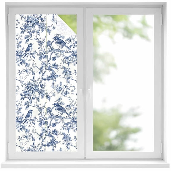 Blue Botanical Privacy Window Film, Decorative Frosted Glass Window Film, Vintage Botanical Birds Reusable Peel and Stick Static Cling for Home Bathroom Office Glass Door 17.7"x39.3"