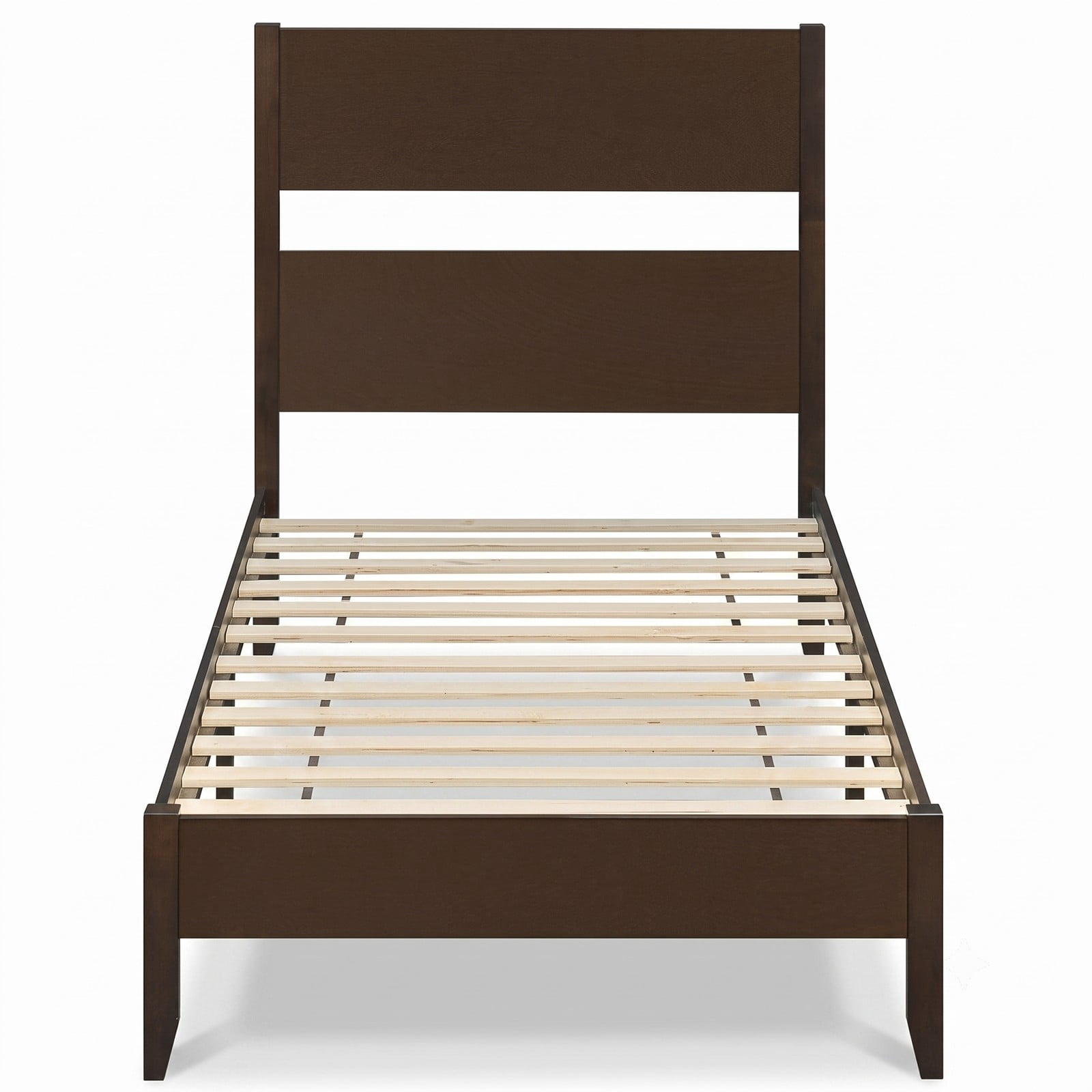 Furnibear Twin Bed Frame Wooden Bed Frame with Plank Headboard and 12 Slat Support for Bedroom and Guest Room, Dark Walnut