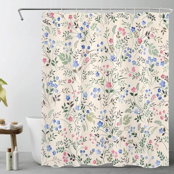 Blue and Pink Wildflower Shower Curtain for Bathroom Green Plant with Floral Shower Curtain Aesthetic Cottagecore Botanical Beige Shower Curtain Set with Hooks, 60x72 inch