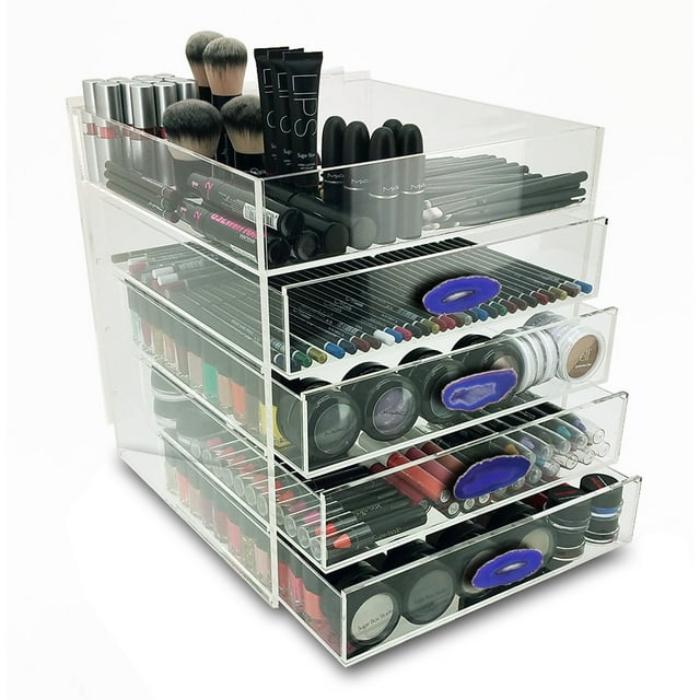 OnDisplay Paris 5 Tier Acrylic Cosmetic/Makeup Organizer - Navy Blue/Silver Agate Knobs