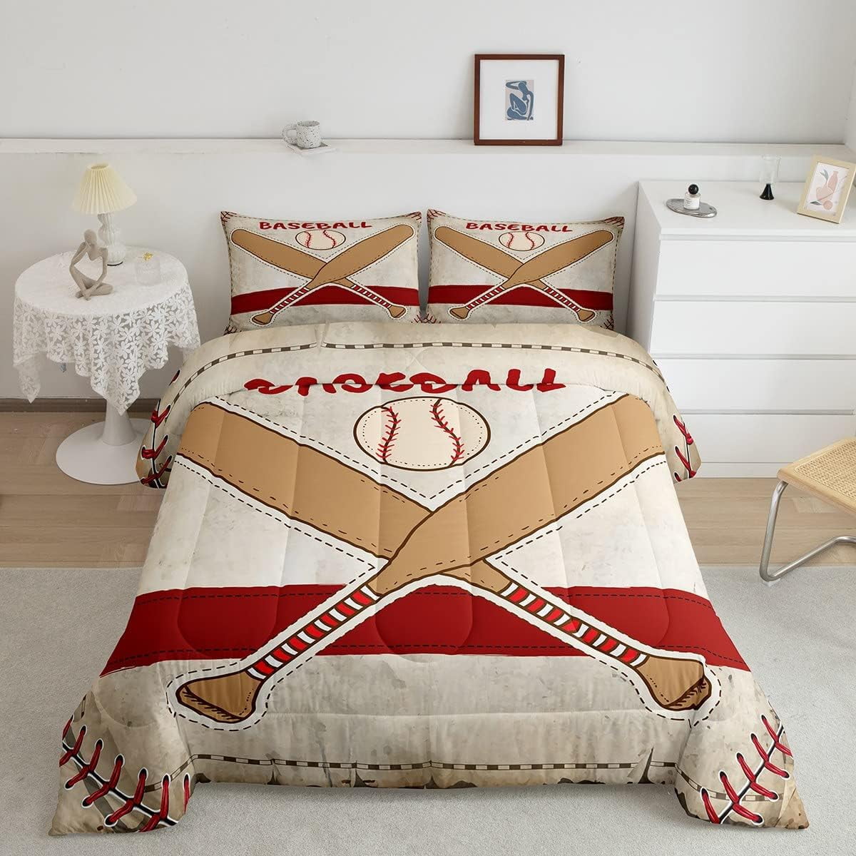 YST Baseball Comforter Set for Kids Boys Girls,Vintage Ball Game