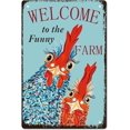thumbnail image 1 of Letrero de metal con texto en inglés "Bienvenido a The Funny Farm", diseño de pollo, con citas, decoración retro para colgar en la pared, para el patio de la granja, la casa de campo, la sala de, 1 of 7