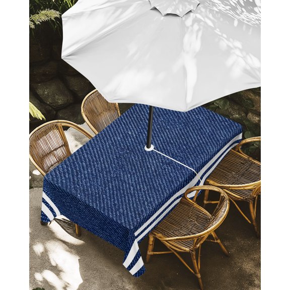 Outdoor Tablecloth with Umbrella Hole, Classic Denim Texture Navy Blue Zippered Table Cloth for Rectangle Tables, Modern Minimalist Stripes Washable Waterproof Tablecloths for Picnic Patio Garden