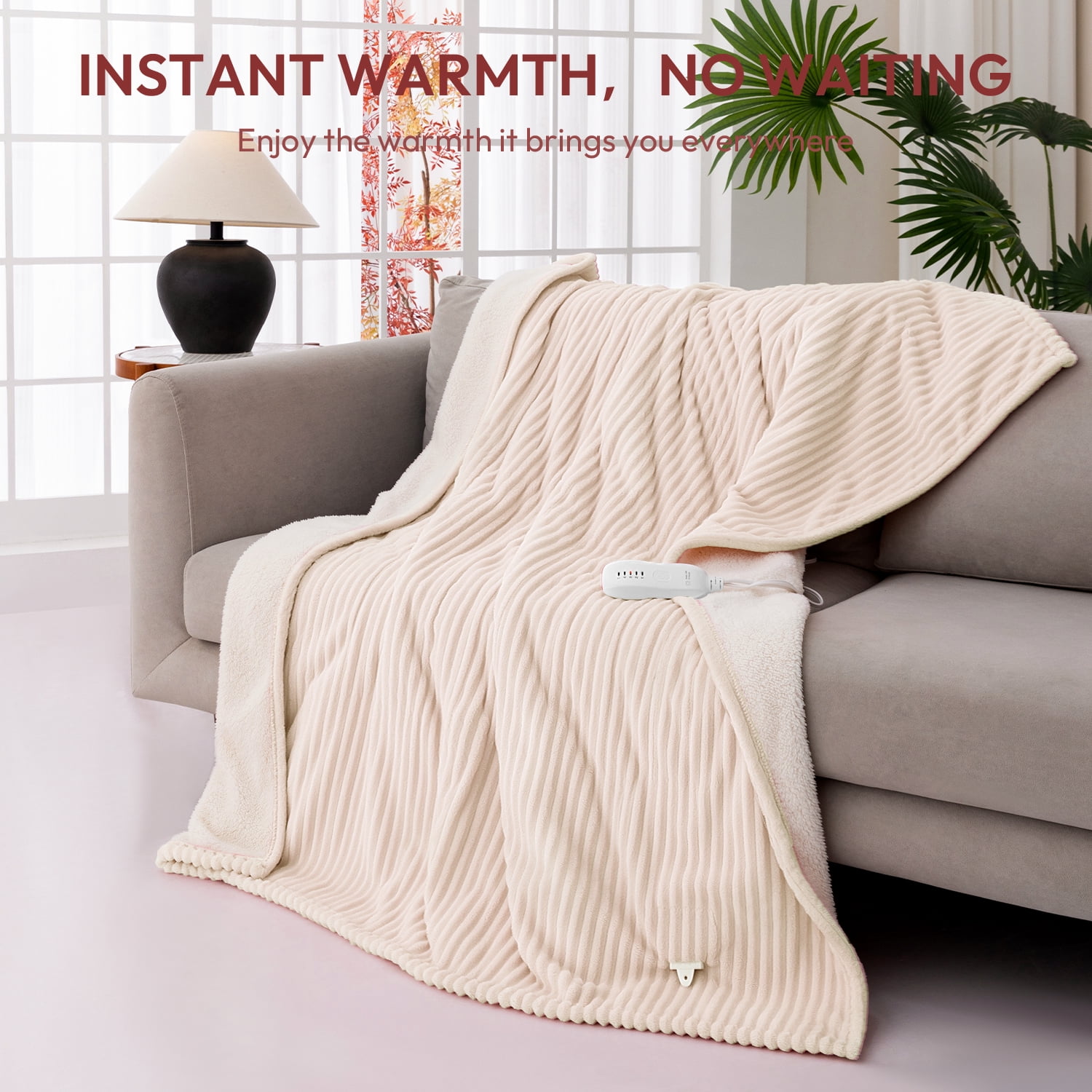 GOTCOZY Heated Blanket Electric Throw - 50"x60" Heating Blanket with 3 Hours Auto-Off and 5 Heat Levels ETL Certified Soft Flannel,Machine Washable (Beige）