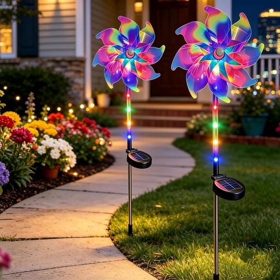 Solar Wind Spinner Color Changing LED, Waterproof Kinetic Wind Spinner Metal Garden Stake for Yard, Lawn & Pathway Decor(2pcs)