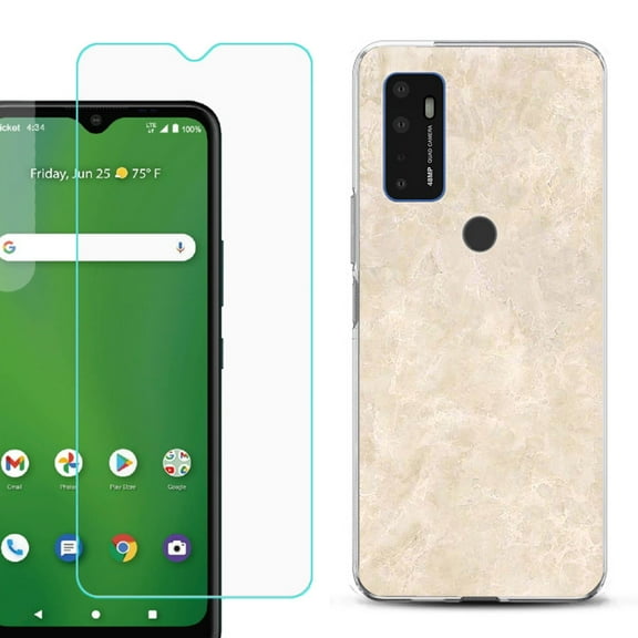 Slim-Fit Gel TPU Phone Case for Cricket Dream 5G, with Tempered Glass Screen Protector, by OneToughShield ® - Marble / Latte