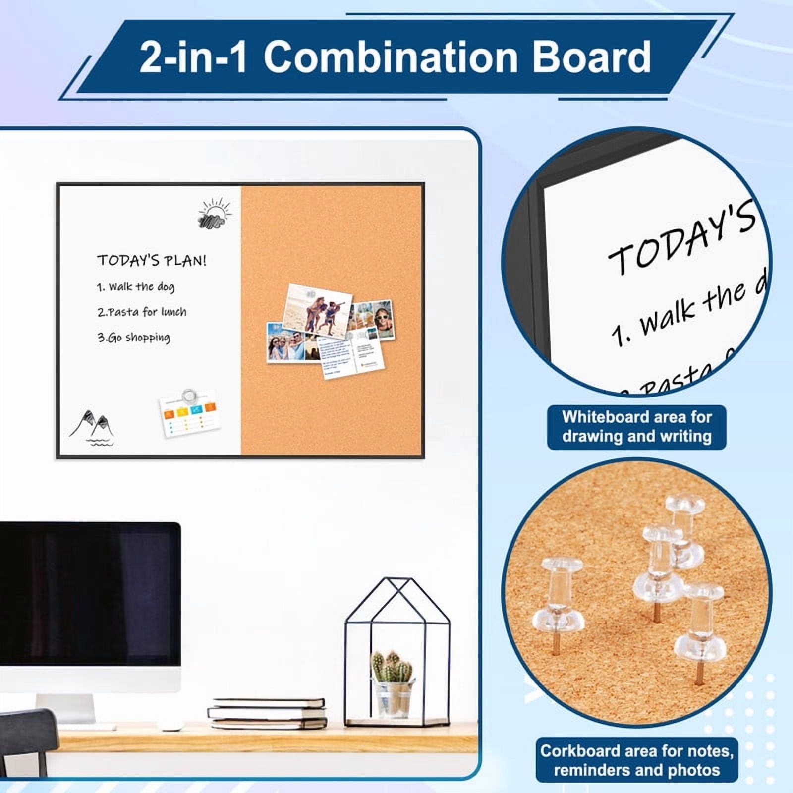 Combination Magnetic Whiteboard Cork Bulletin Board, 36" X 24" Combo Dry Erase White Board for Wall Cork Pin Board for Home Office Wall Mounted, Include 2 Markers, 6 Magnets, Eraser and Push Pins