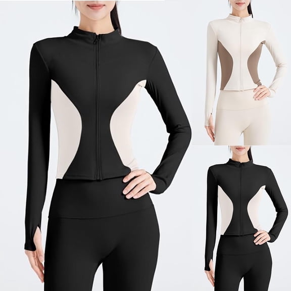 FNFYFH Women Cropped Workout Jackets Full Zip Slim Fit Gym Athletic Jackets Color Block Long Sleeve Yoga Top with Thumb Holes