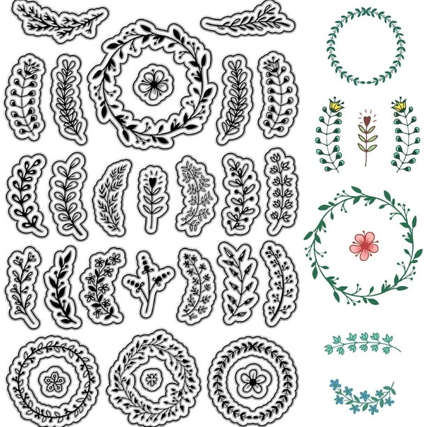 Sellos transparentes de silicona reutilizables con forma de guirnalda, hojas y flores para sellos postales