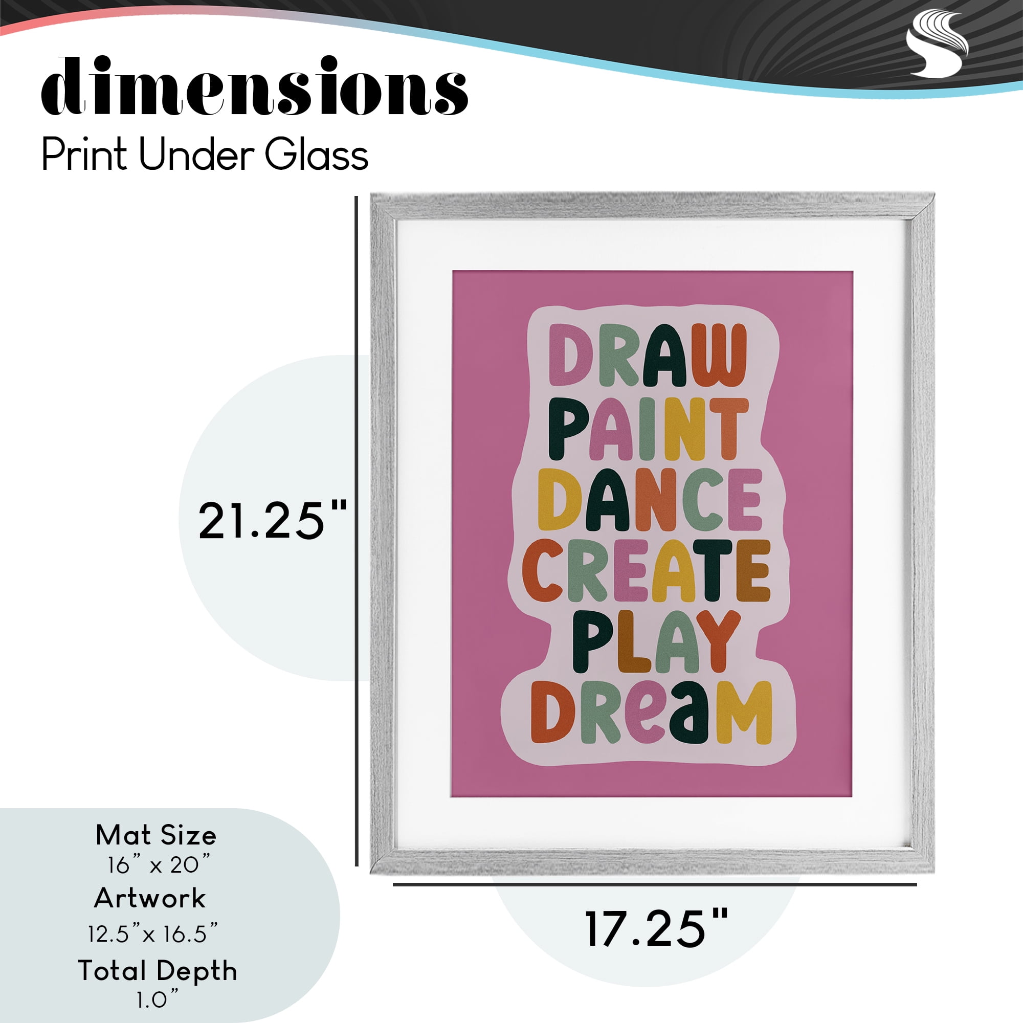Draw Paint Dance Create Gray Framed Print Under Glass, design by Julia Frost