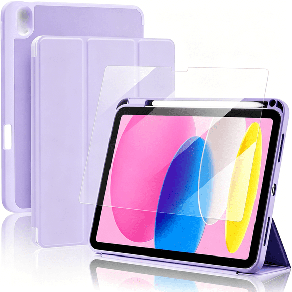 GJX Smart Case with Screen Protector for Ipad (A16) 11Th Gen 11" & Ipad 10Th Gen 10.9", Shockproof Stand Cover with Pencil Holder, Auto Wake/Sleep, Purple