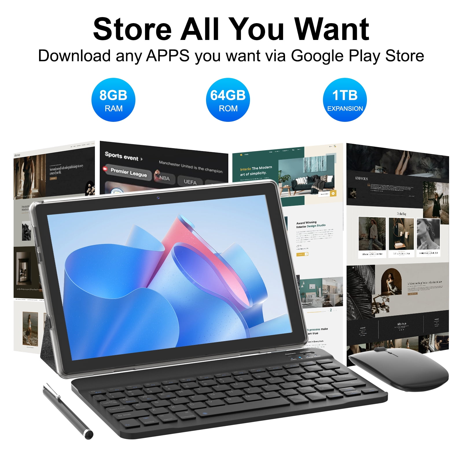 Android 15 Tablet 2 in 1 Tablets 10 Inch Tablet with Keyboard Mouse Case Protective Stylus 10.1" Tab 8GB+64GB Support 1TB Expansion 2MP+8MP Dual Camera 6000mAh Battery Bluetooth WIFI-6, Black